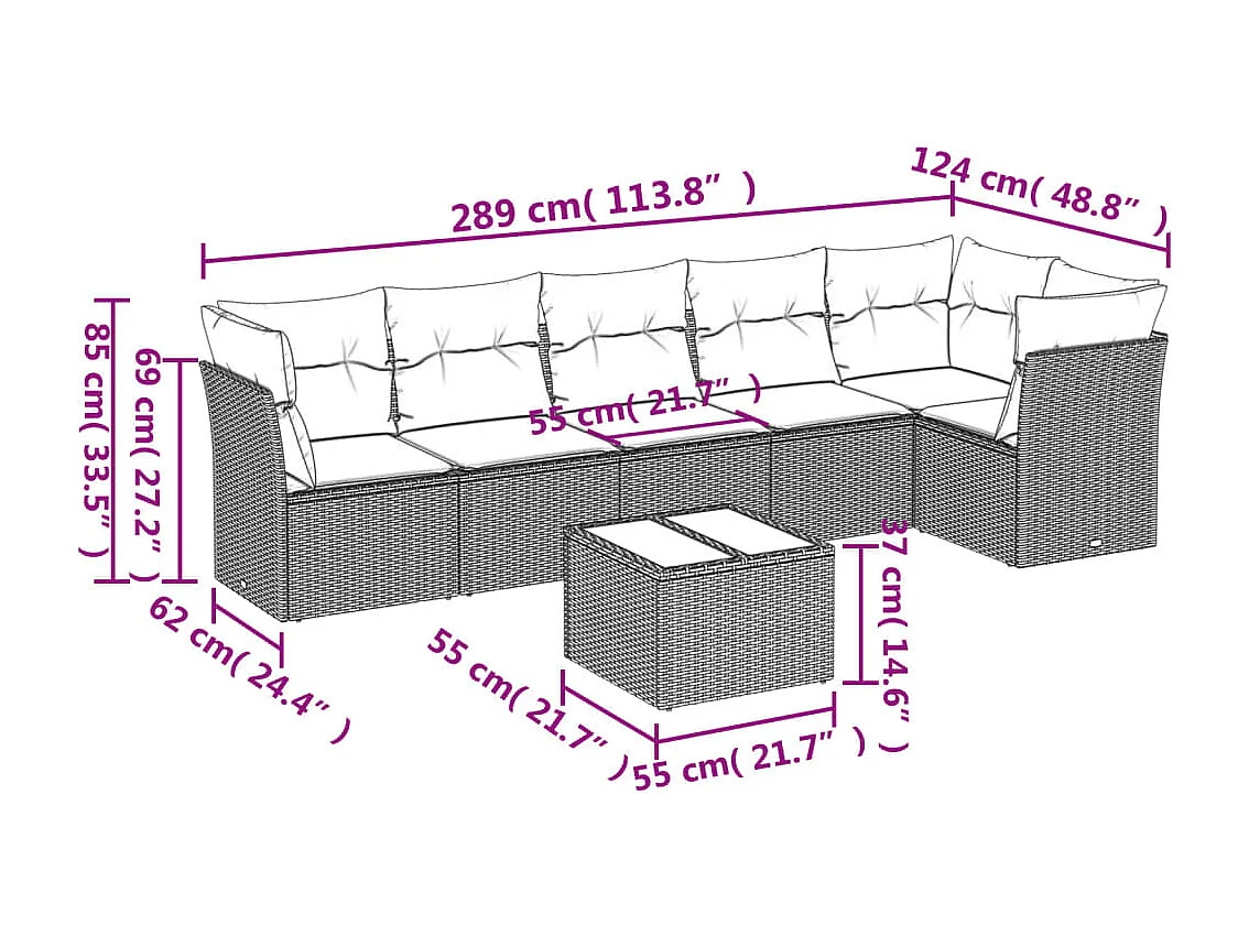 7 pcs conjunto de sofás p/ jardim c/ almofadões vime PE preto