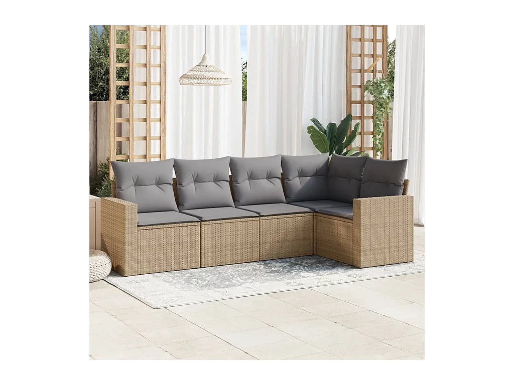 Set Divano da Giardino 5 pz con Cuscini Beige in Polyrattan