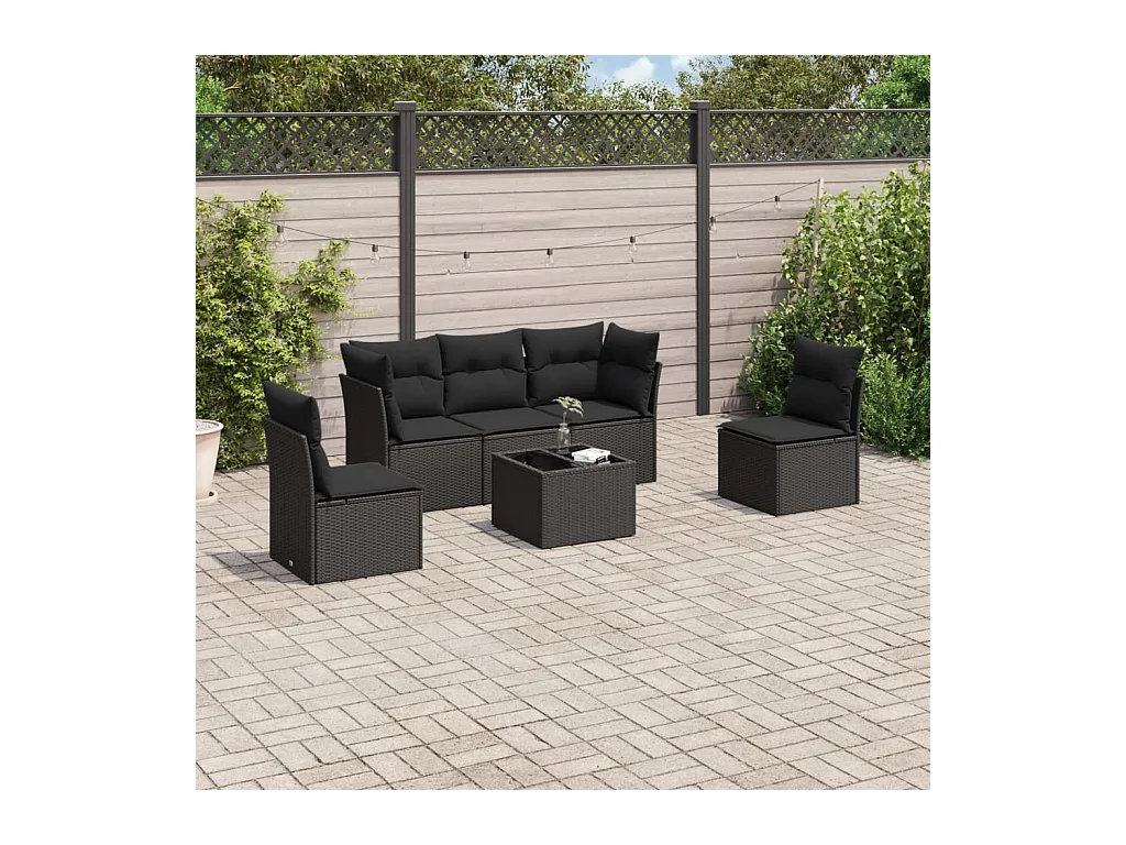 Salon de jardin 6 pcs avec coussins noir résine tressée