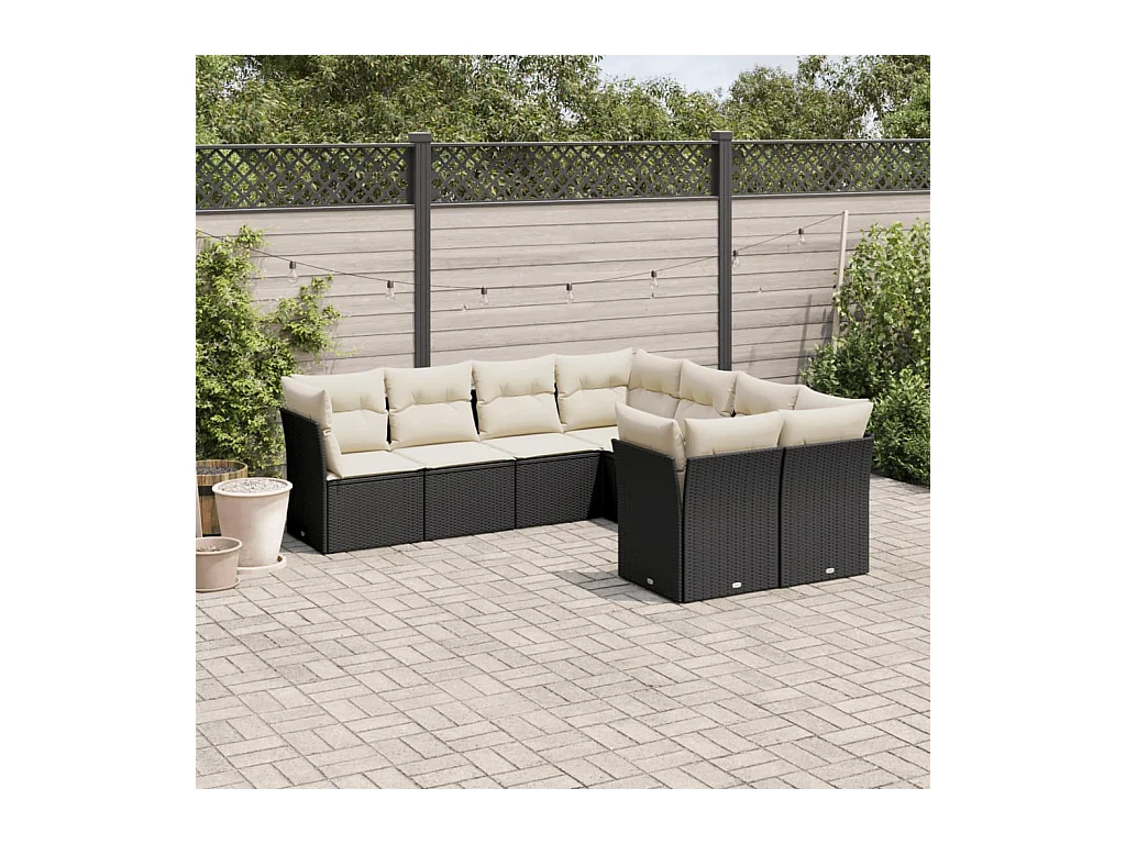 8-delige Loungeset met kussens poly rattan zwart