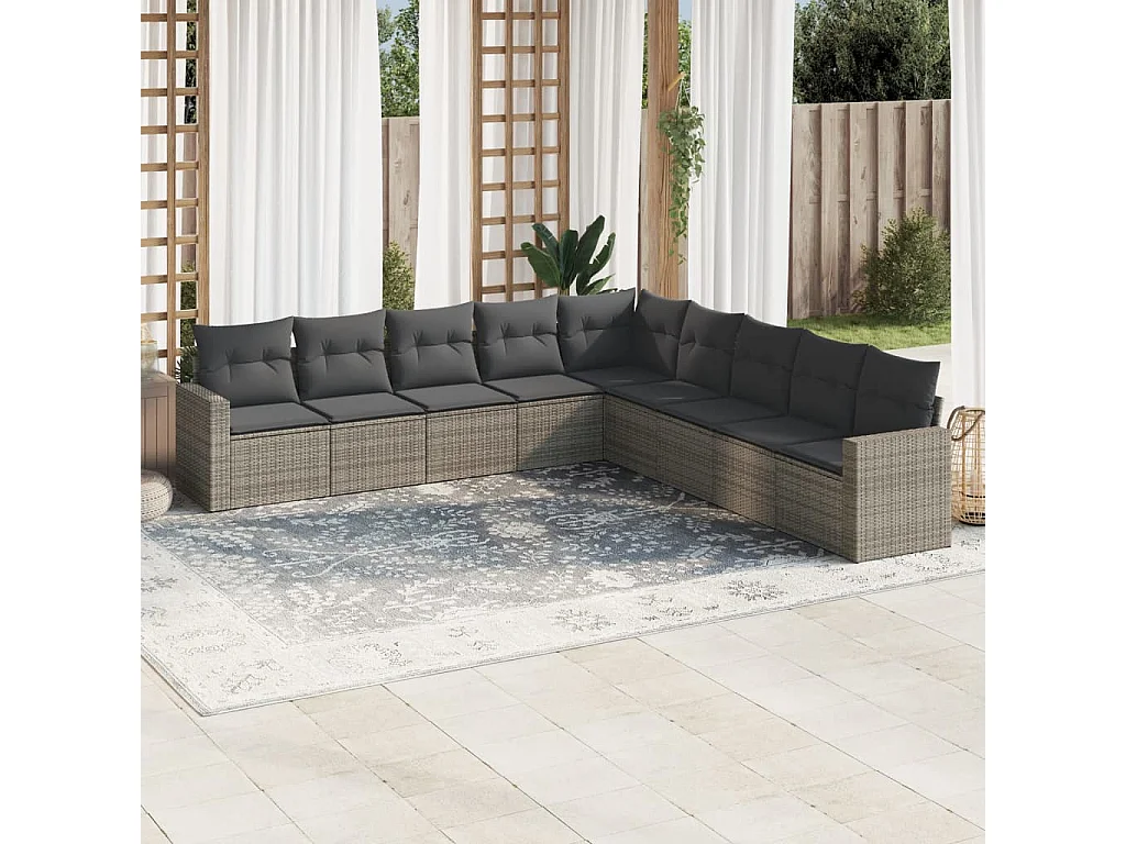 9-delige Loungeset met kussens poly rattan grijs