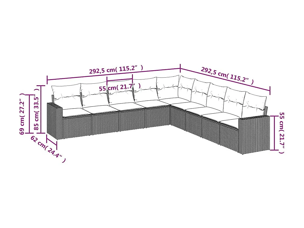 9-delige Loungeset met kussens poly rattan grijs