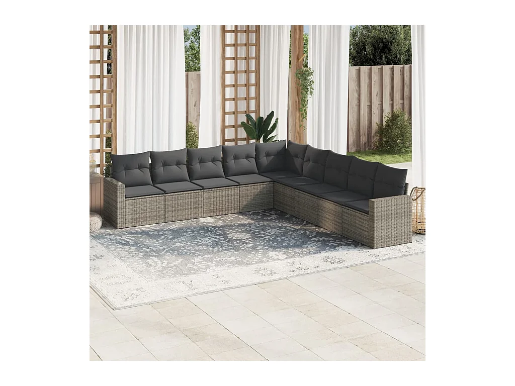 Salon de jardin 9 pcs avec coussins gris résine tressée