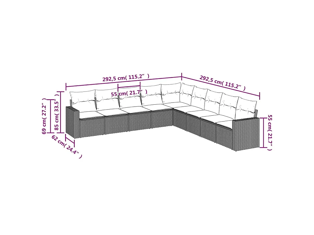 9-delige Loungeset met kussens poly rattan grijs