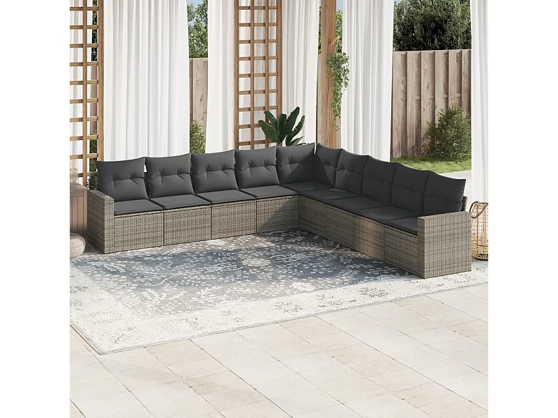 9-tlg. Garten-Sofagarnitur mit Kissen Grau Poly Rattan