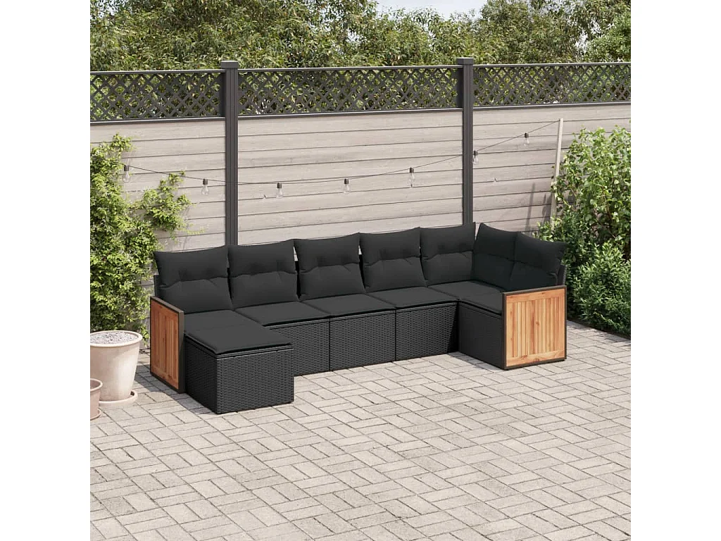 7-tlg. Garten-Sofagarnitur mit Kissen Schwarz Poly Rattan