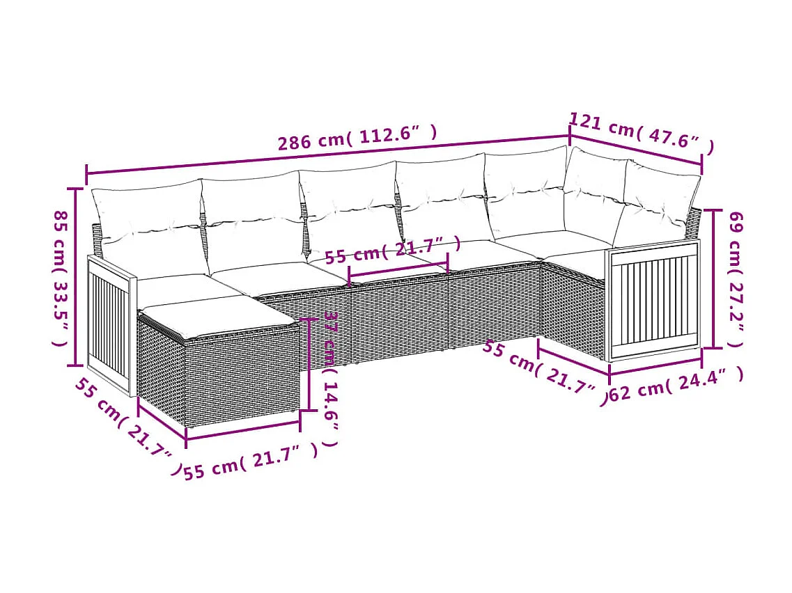 7-tlg. Garten-Sofagarnitur mit Kissen Schwarz Poly Rattan