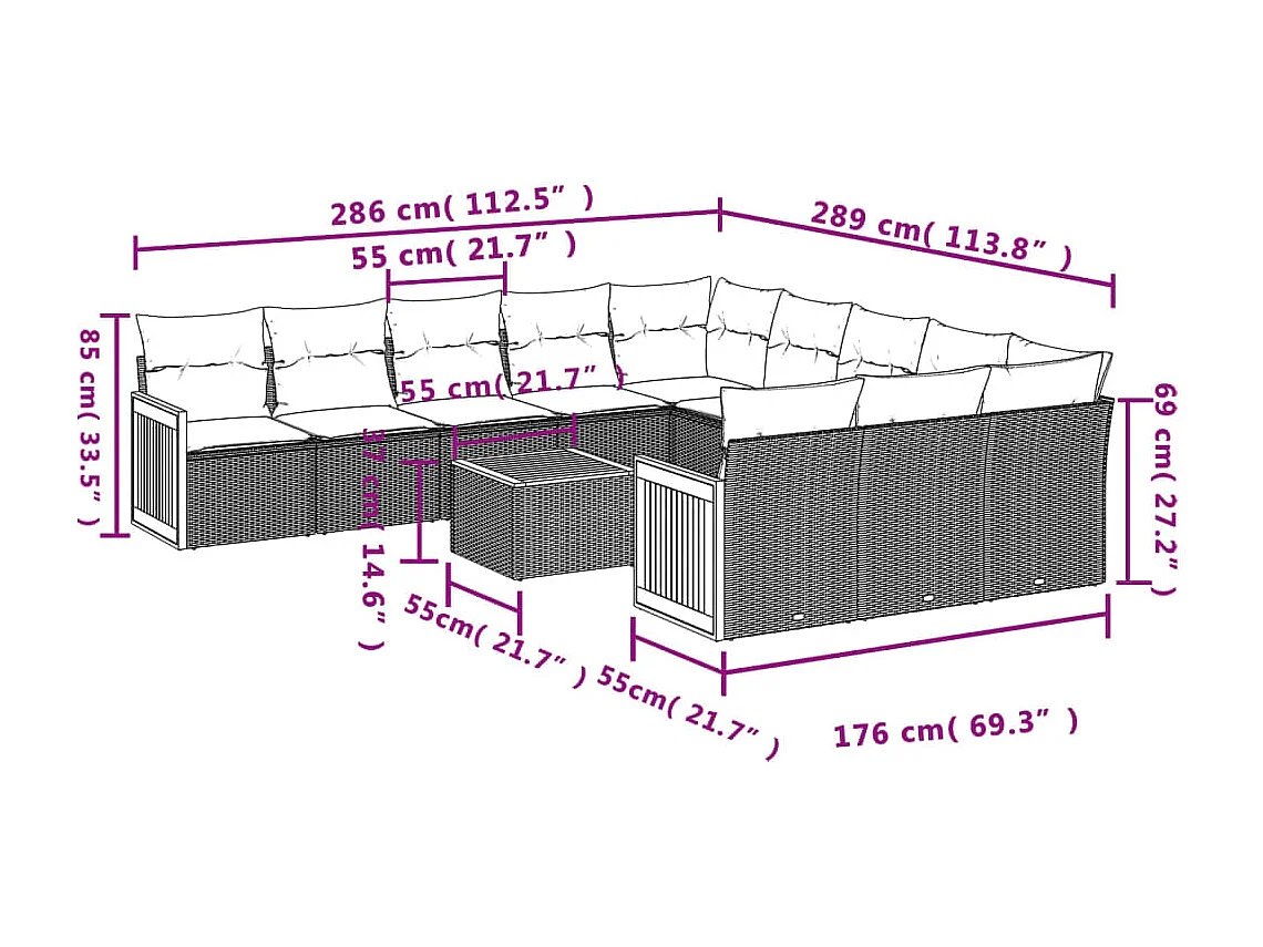 12-tlg. Garten-Sofagarnitur mit Kissen Schwarz Poly Rattan
