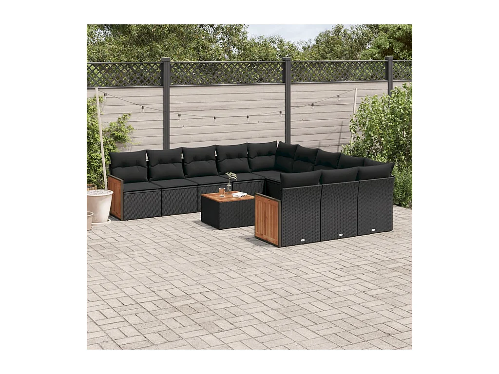 Salon de jardin 12 pcs avec coussins noir résine tressée