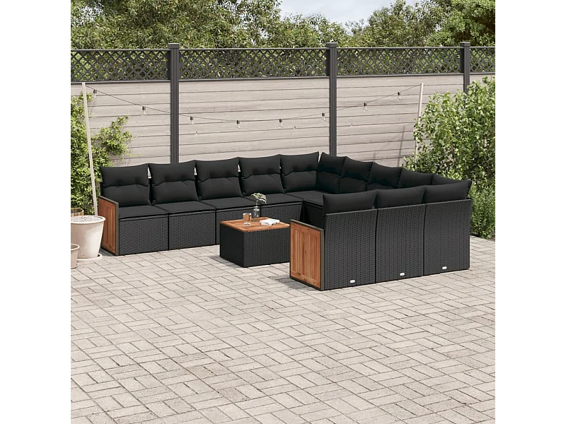 Salon de jardin 12 pcs avec coussins noir résine tressée