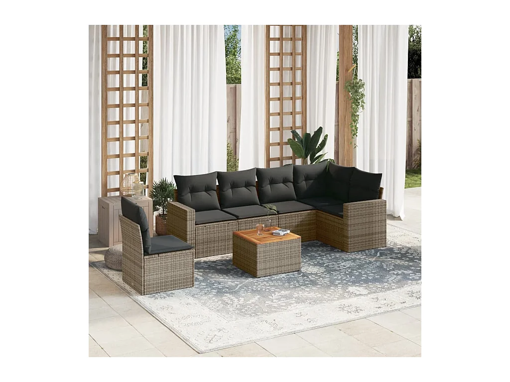 Salon de jardin avec coussins 7 pcs gris résine tressée