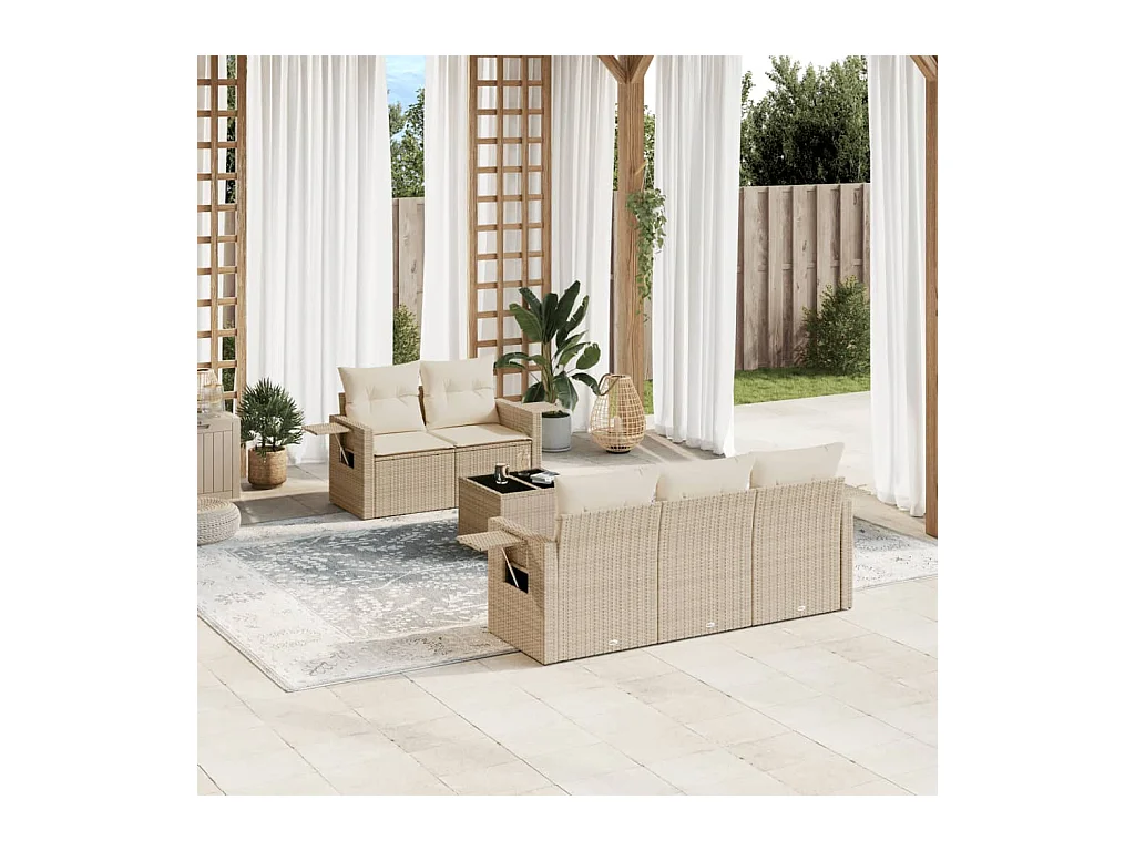 Set Divano da Giardino 6 pz con Cuscini Beige in Polyrattan