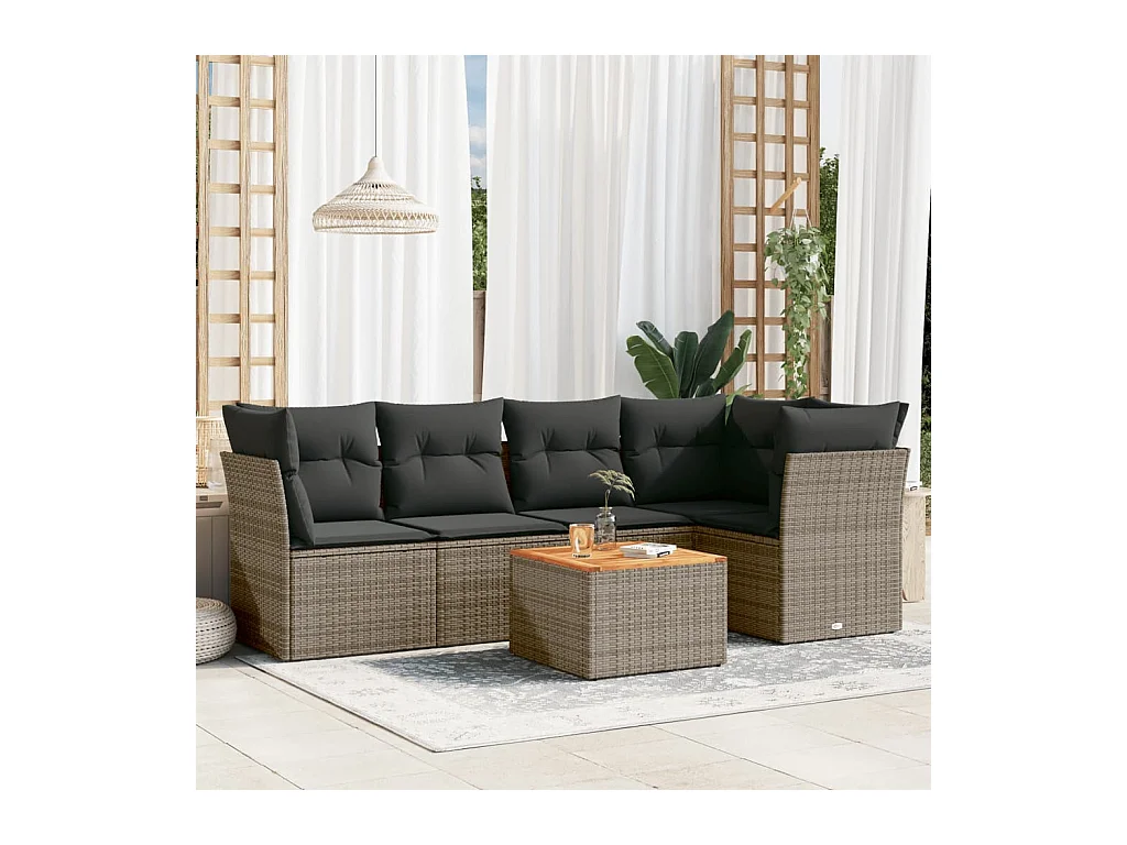 Salon de jardin 6 pcs avec coussins gris résine tressée