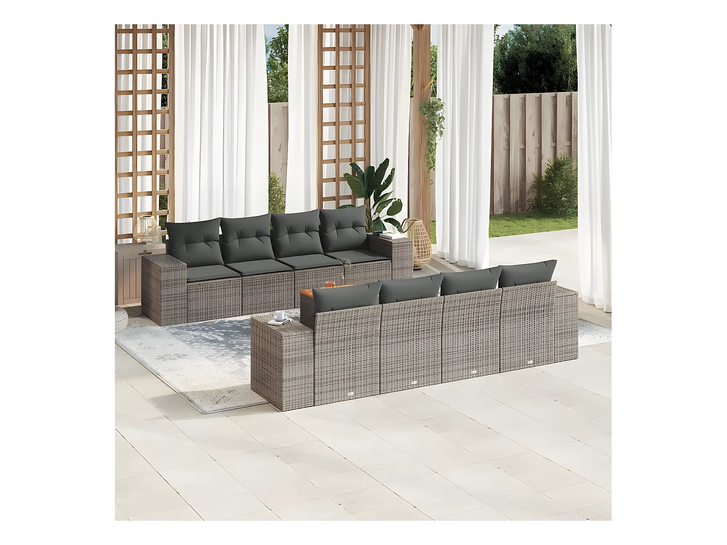 Salon de jardin 9 pcs avec coussins gris résine tressée