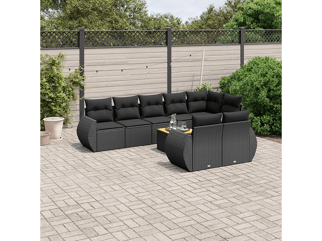9-delige Loungeset met kussens poly rattan zwart