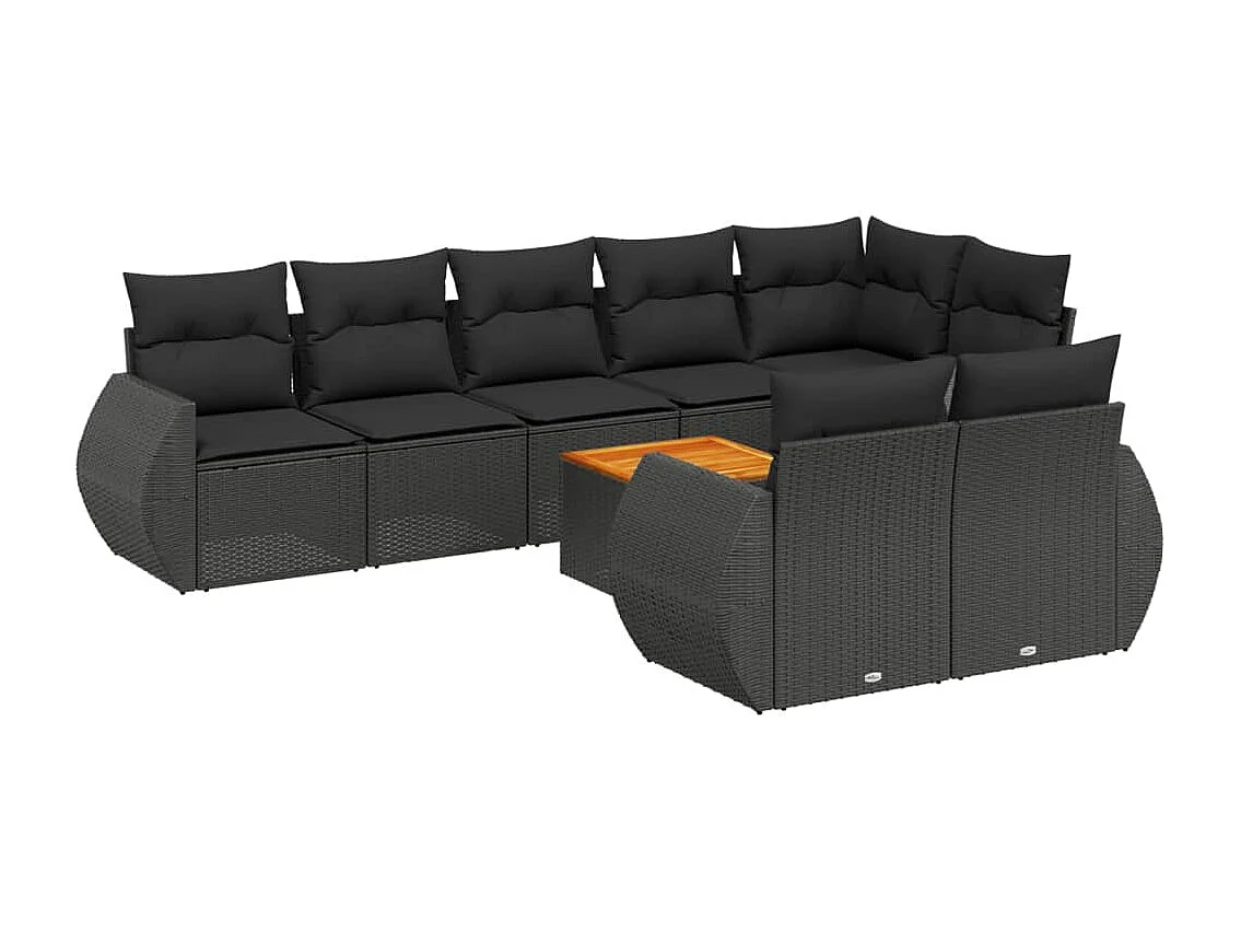 9-delige Loungeset met kussens poly rattan zwart