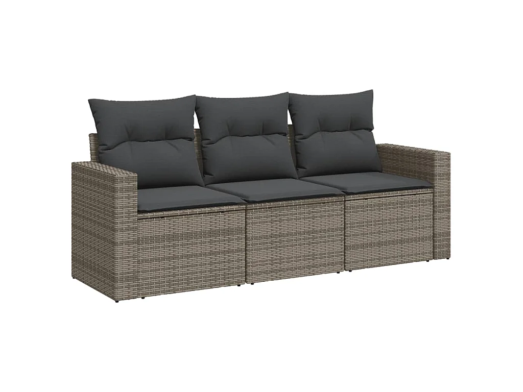 Salon de jardin avec coussins 3 pcs gris résine tressée