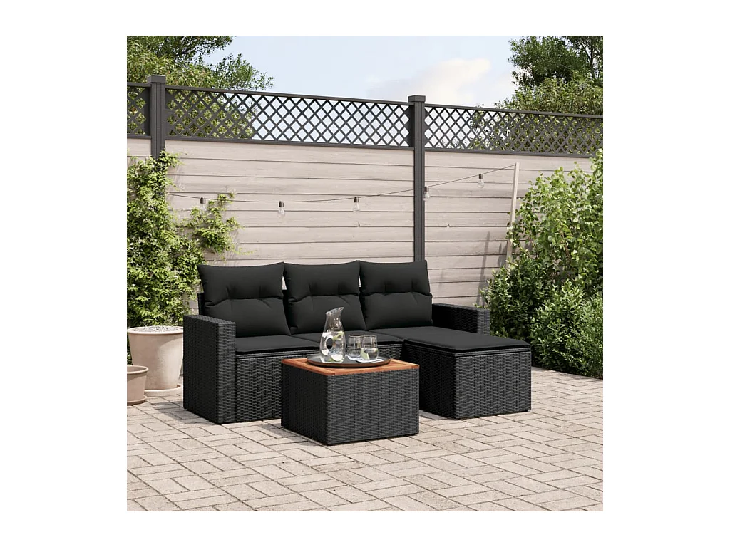 Salon de jardin 5 pcs avec coussins noir résine tressée
