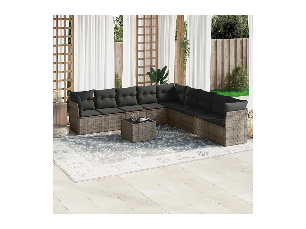 10-delige Loungeset met kussens poly rattan grijs