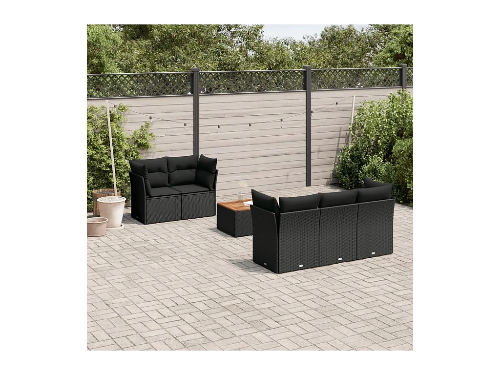 6-delige Loungeset met kussens poly rattan zwart