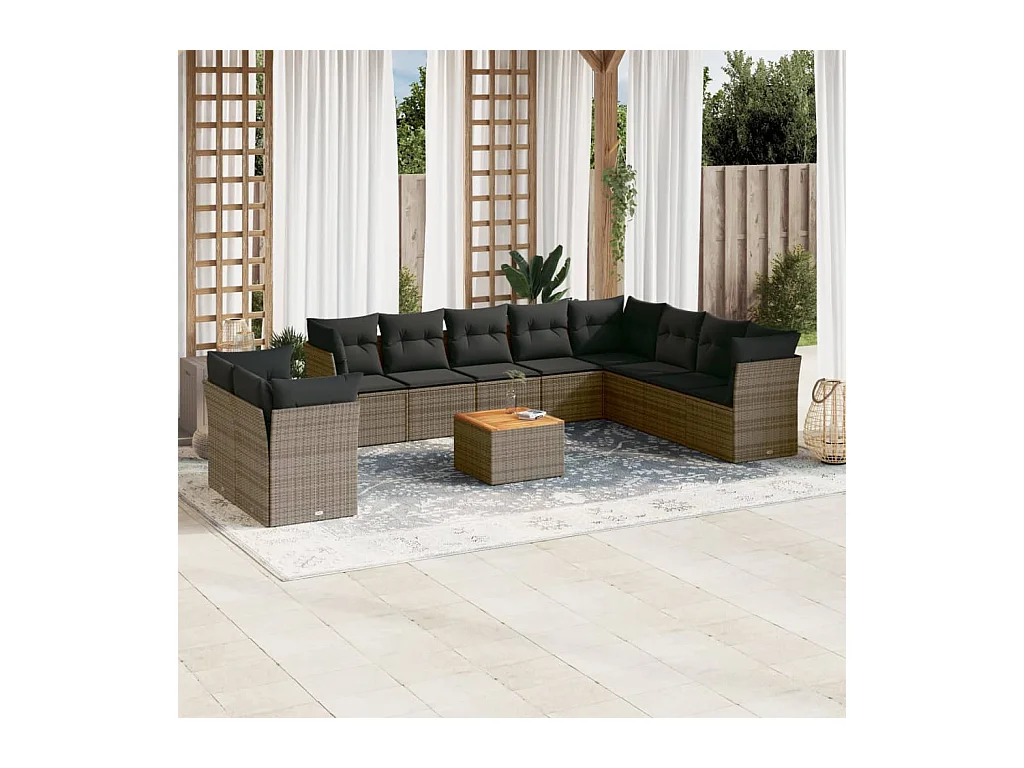 11-tlg. Garten-Sofagarnitur mit Kissen Grau Poly Rattan