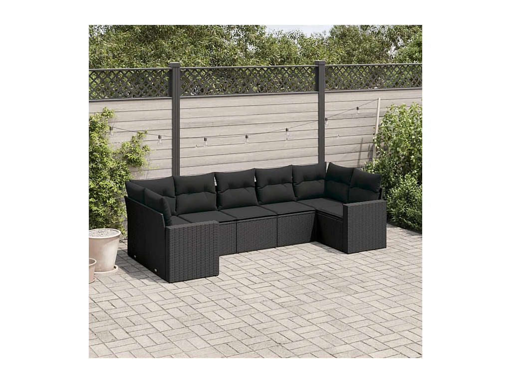 7-tlg. Garten-Sofagarnitur mit Kissen Schwarz Poly Rattan