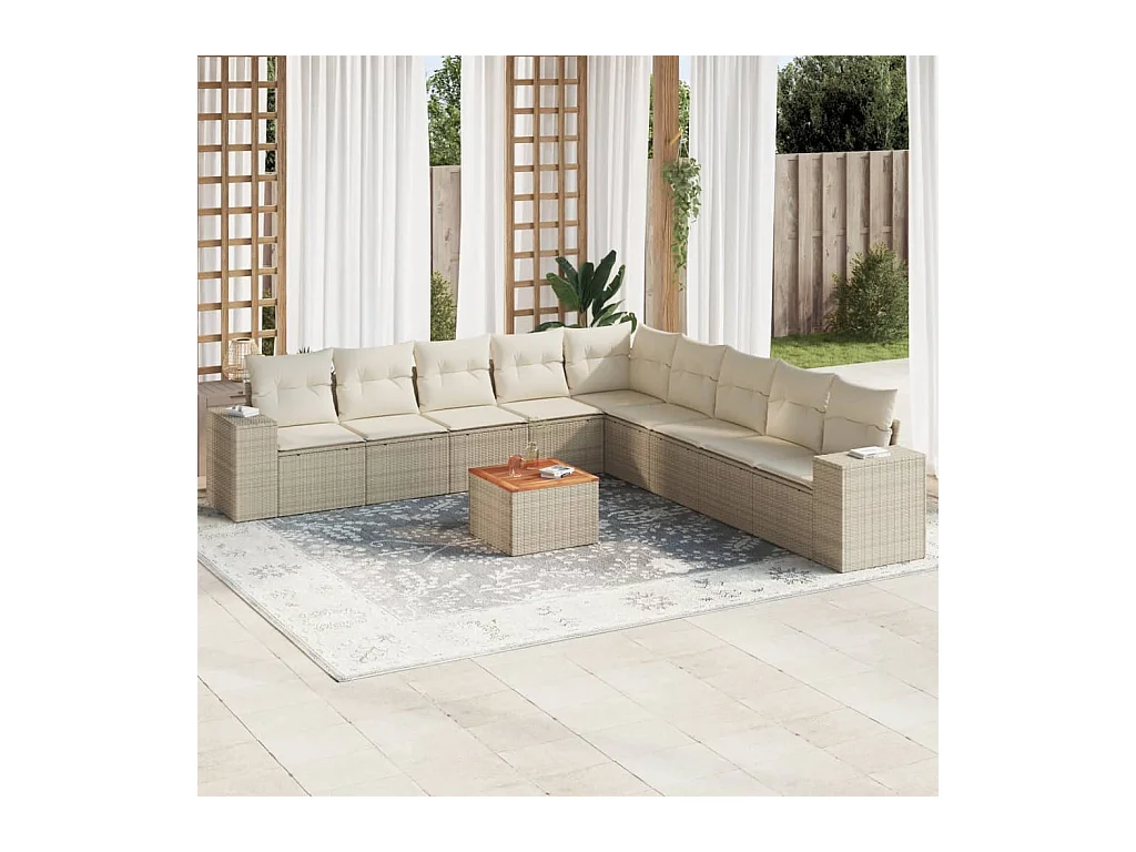 10-tlg. Garten-Sofagarnitur mit Kissen Beige Poly Rattan