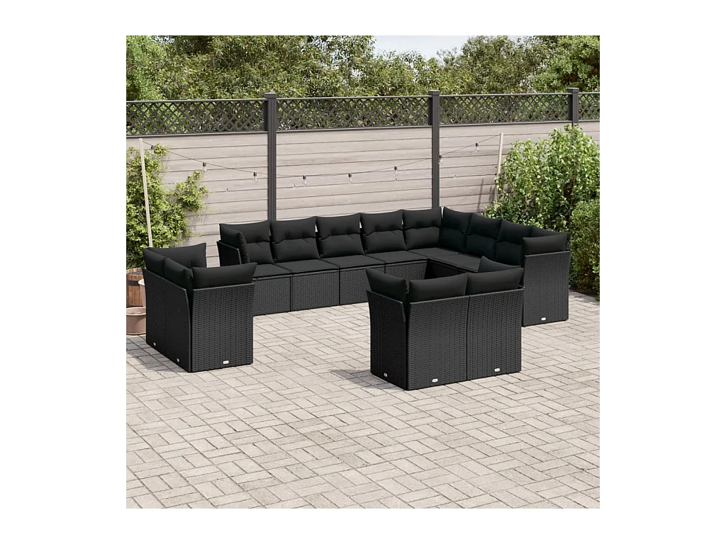 12-delige Loungeset met kussens poly rattan zwart