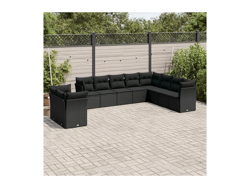 10-delige Loungeset met kussens poly rattan zwart