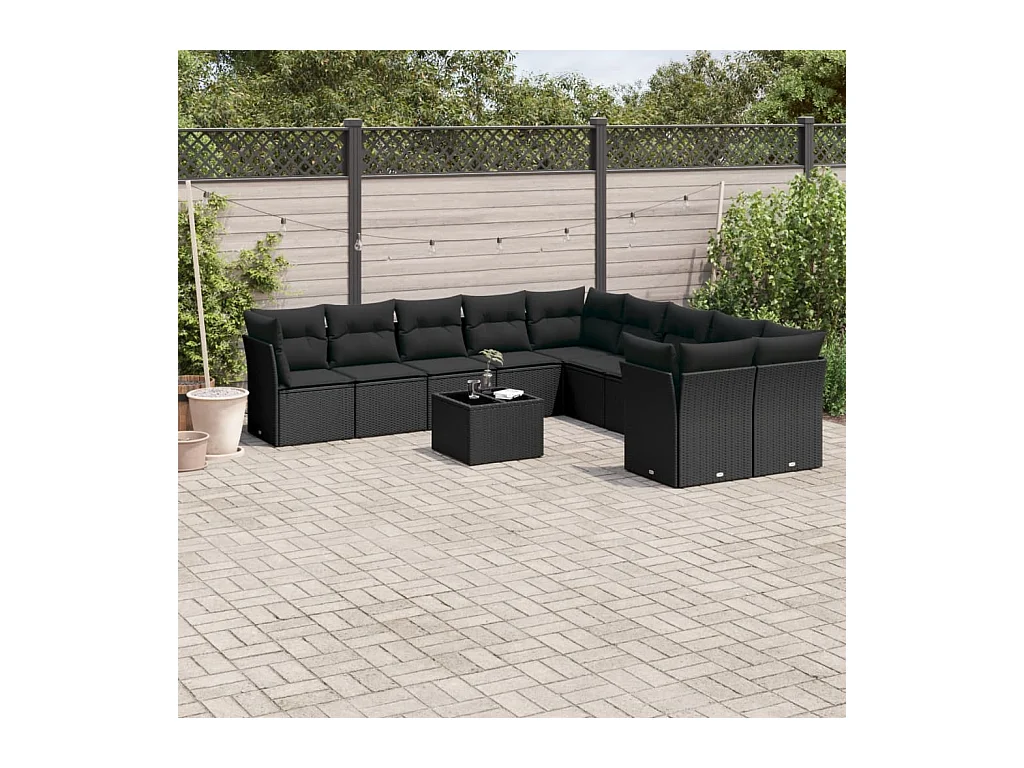 Salon de jardin 11 pcs avec coussins noir résine tressée