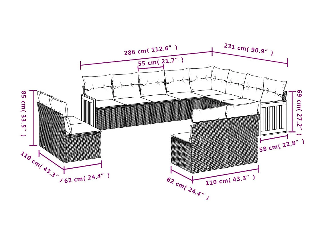 Set Divani da Giardino 12 pz con Cuscini Beige in Polyrattan