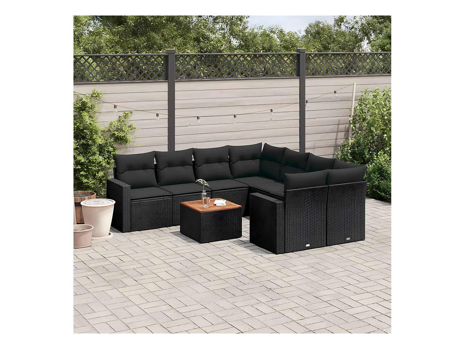 9-tlg. Garten-Sofagarnitur mit Kissen Schwarz Poly Rattan
