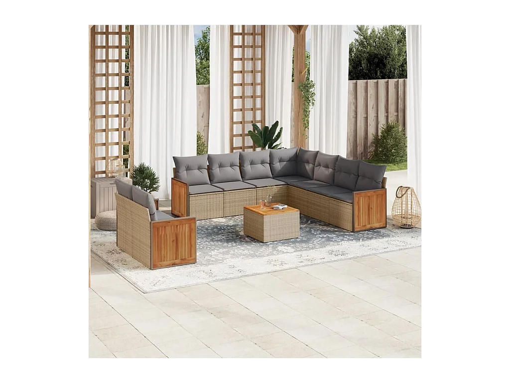 10-tlg. Garten-Sofagarnitur mit Kissen Beige Poly Rattan