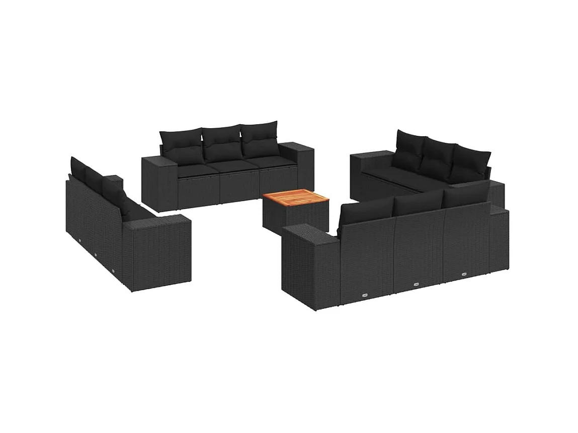 Salon de jardin avec coussins 13 pcs noir résine tressée