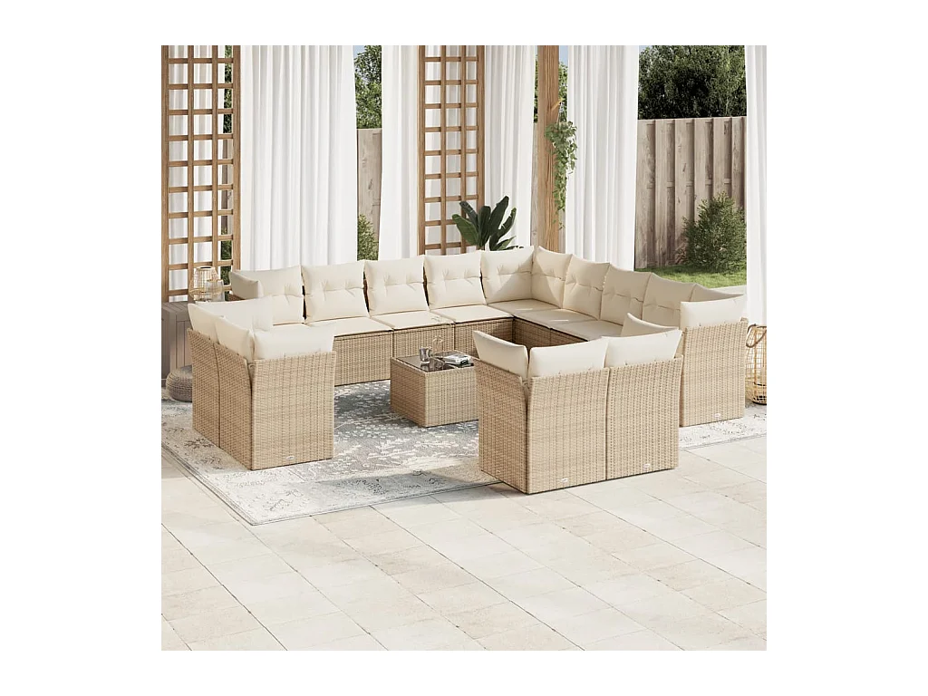 Set Divani da Giardino 14pz con Cuscini in Polyrattan Beige