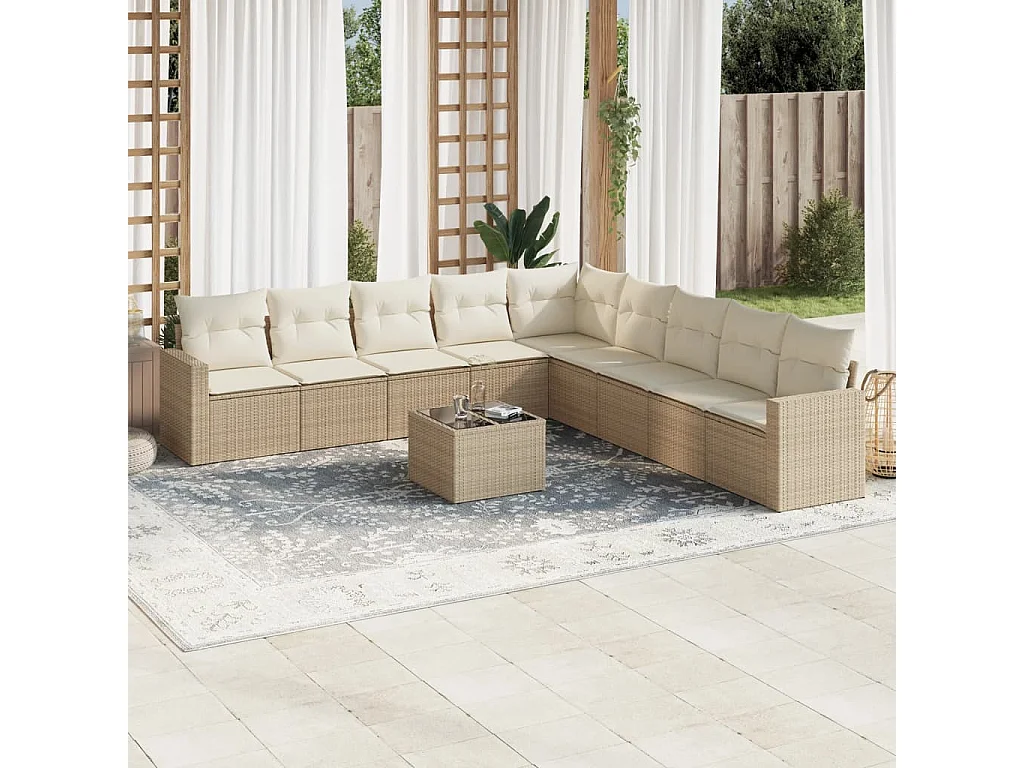 10-tlg. Garten-Sofagarnitur mit Kissen Beige Poly Rattan