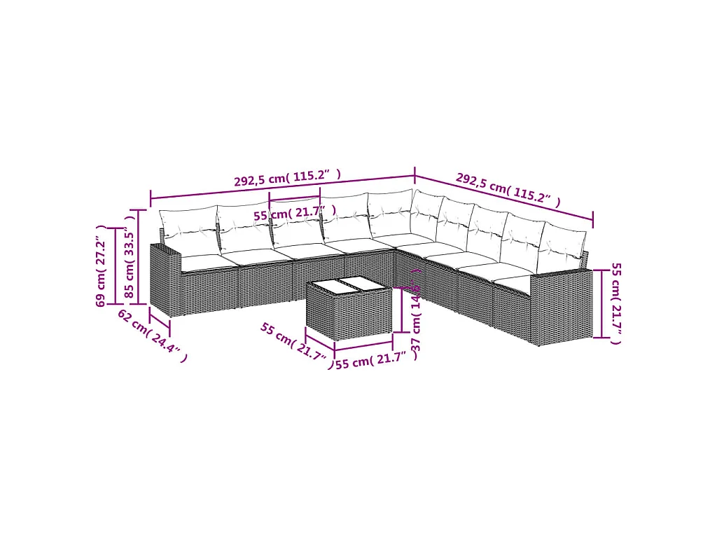 10-delige Loungeset met kussens poly rattan beige