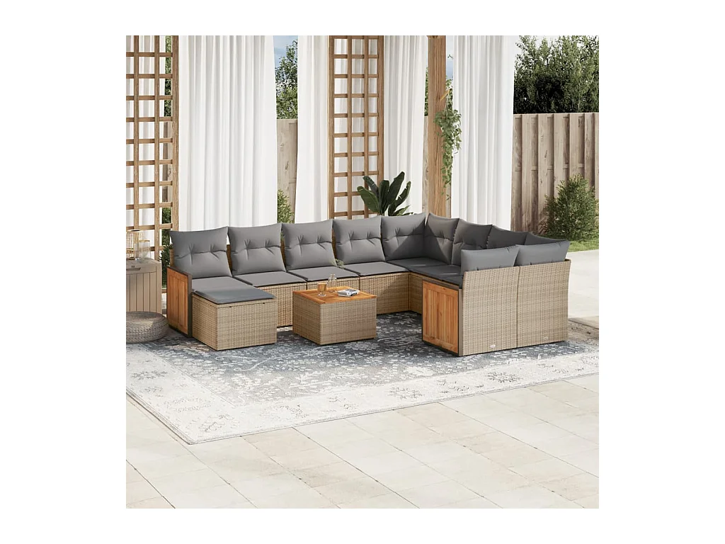 11-tlg. Garten-Sofagarnitur mit Kissen Beige Poly Rattan