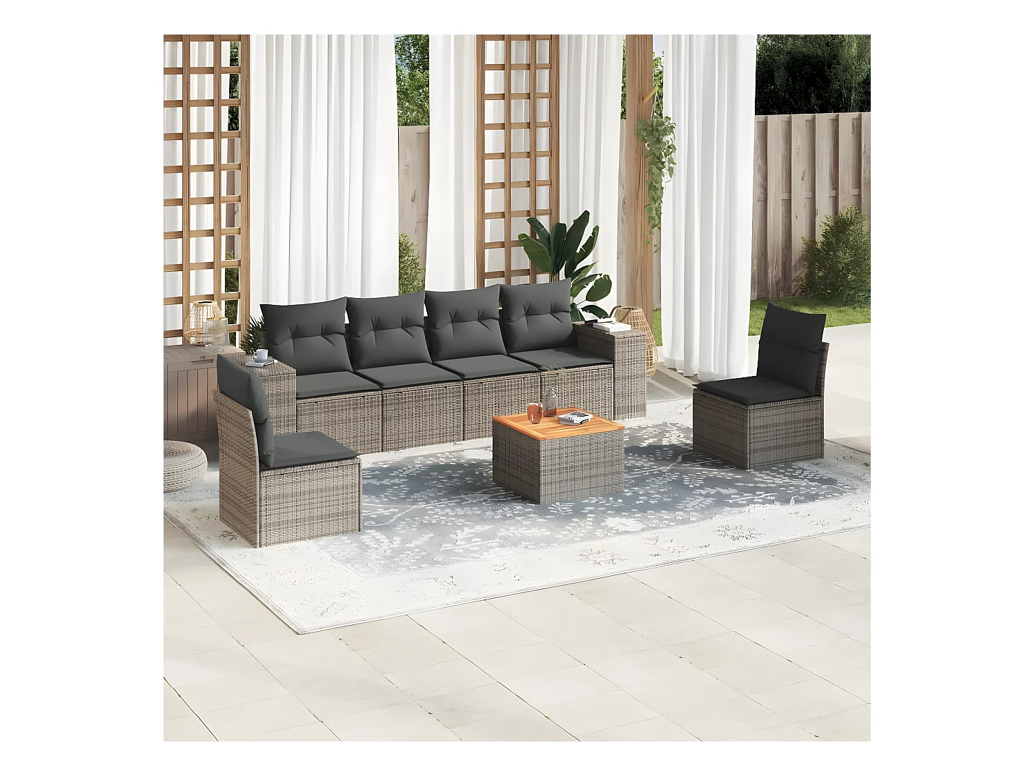 Salon de jardin avec coussins 7 pcs gris résine tressée