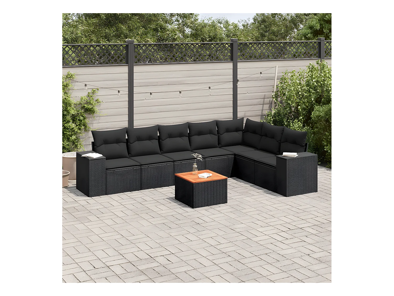8-delige Loungeset met kussens poly rattan zwart