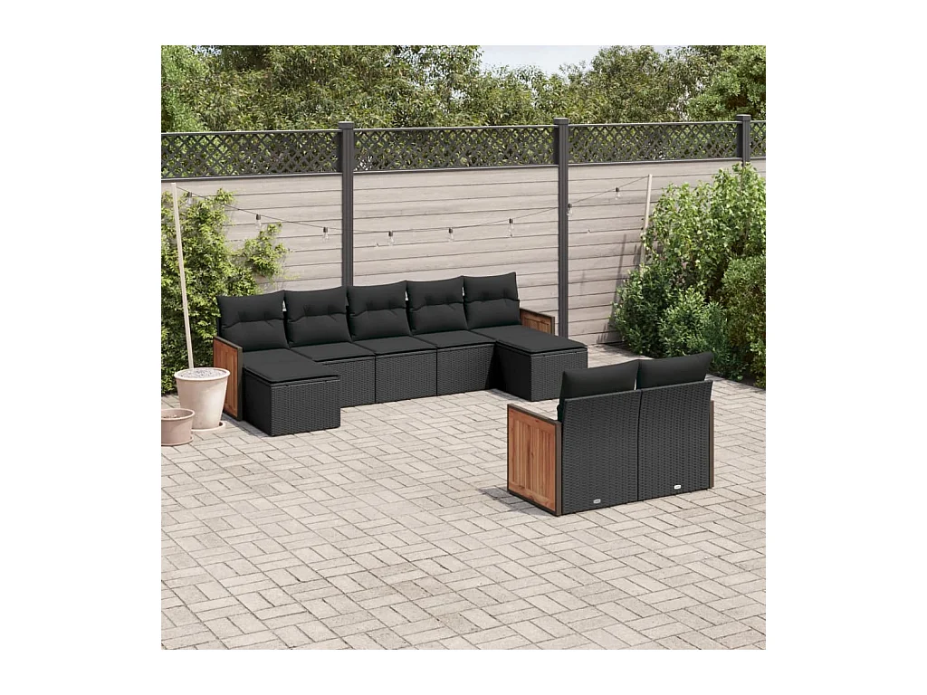 Salon de jardin 9 pcs avec coussins noir résine tressée