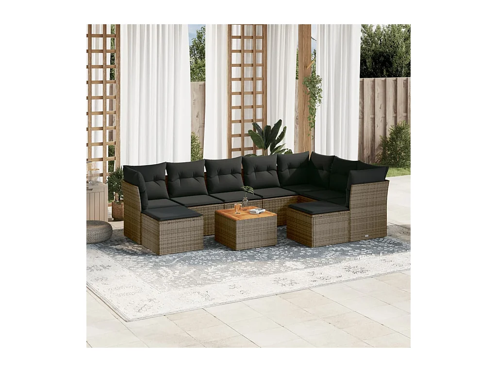 Salon de jardin avec coussins 10 pcs gris résine tressée