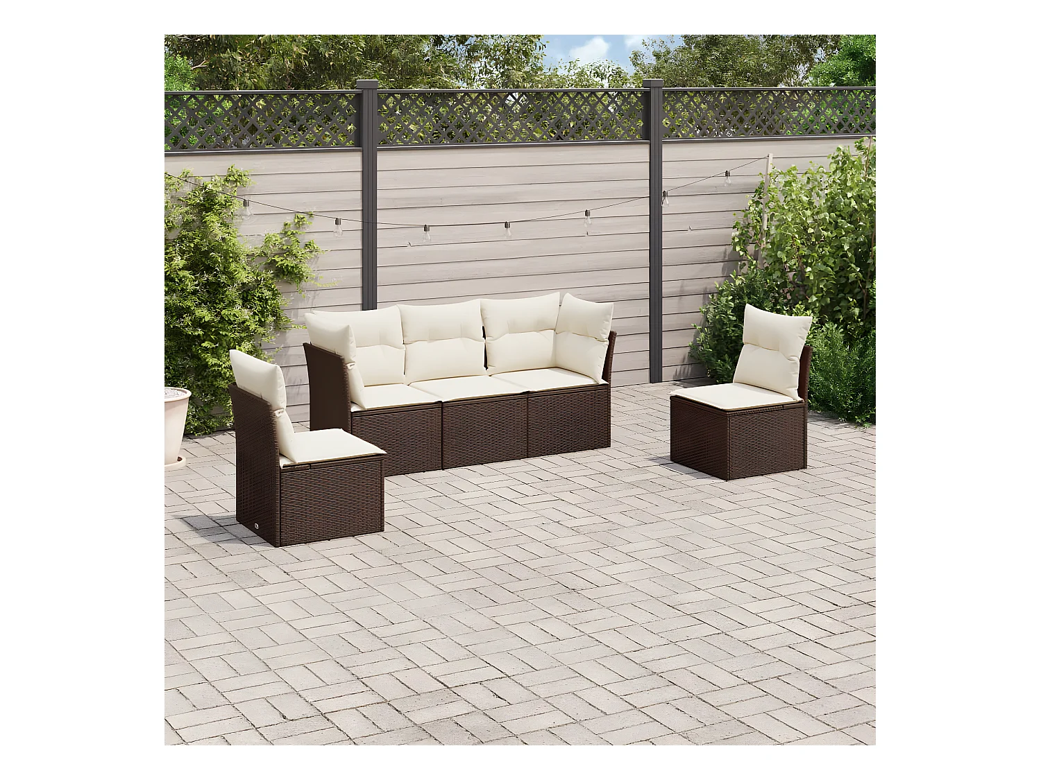 Salon de jardin avec coussins 5 pcs marron résine tressée