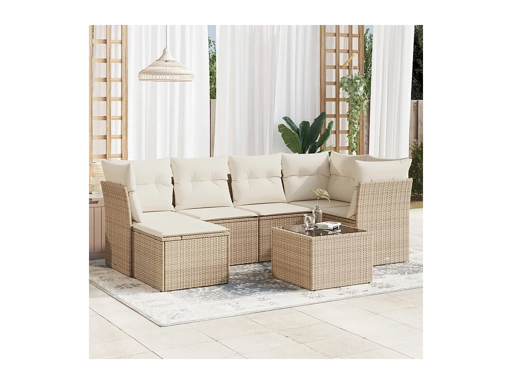 7-delige Loungeset met kussens poly rattan beige