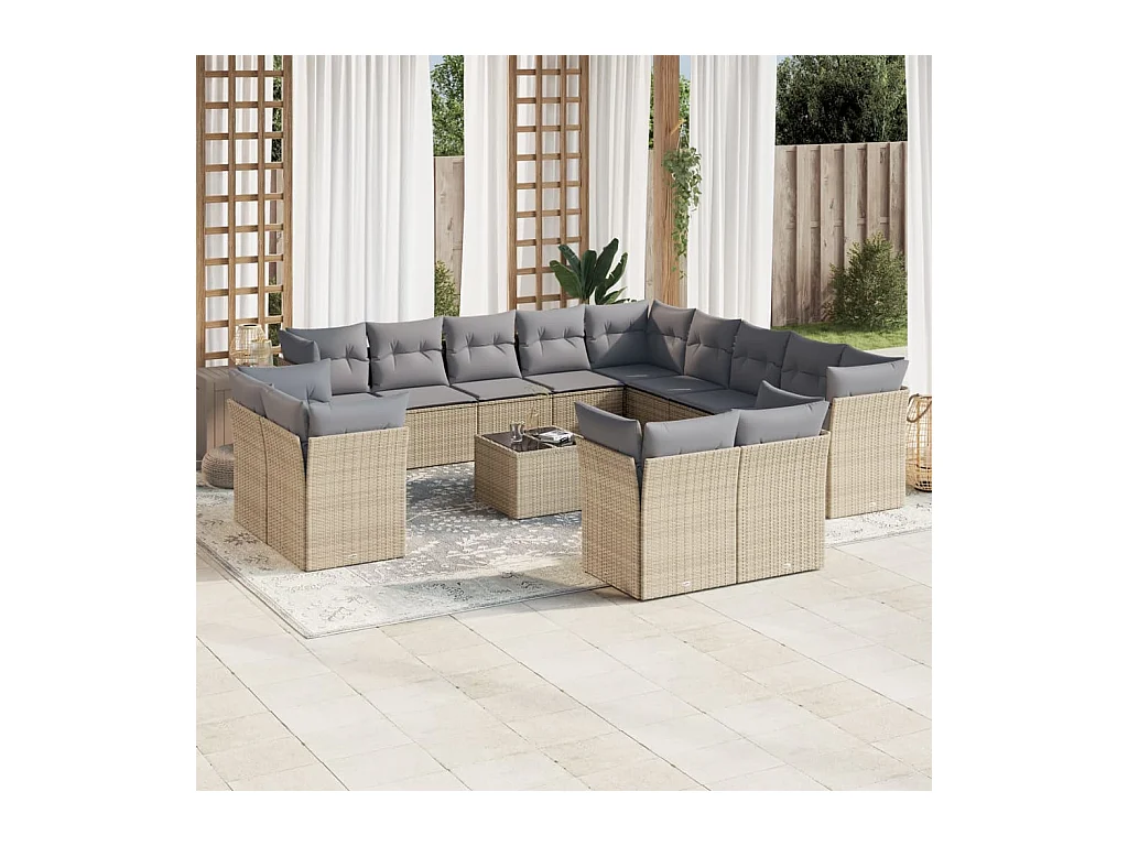 14-tlg. Garten-Sofagarnitur mit Kissen Beige Poly Rattan