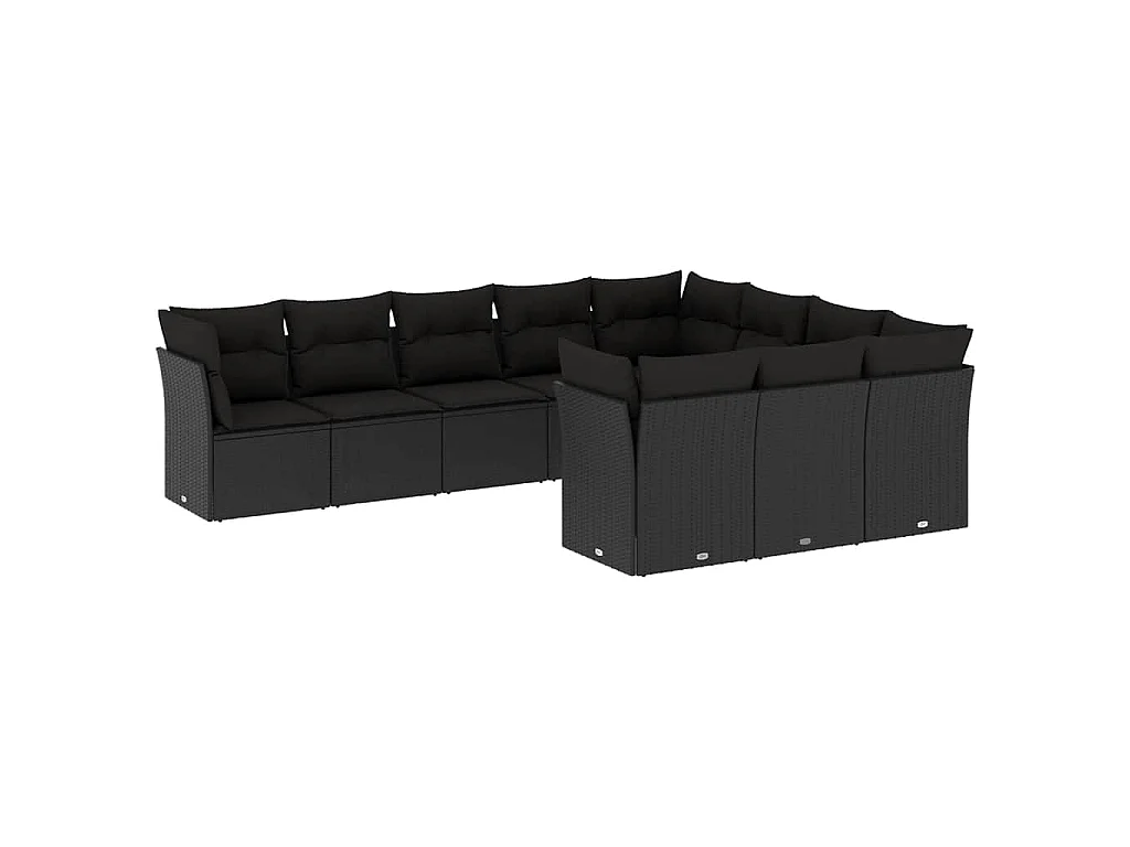 10-delige Loungeset met kussens poly rattan zwart
