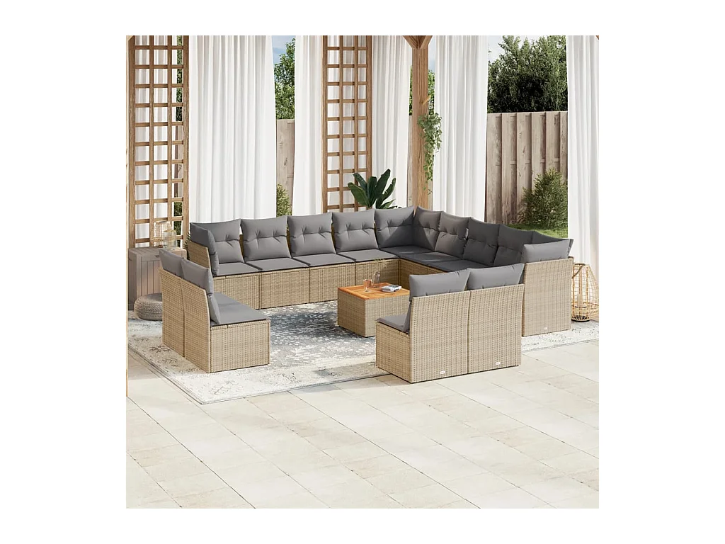 Salon de jardin avec coussins 14 pcs beige résine tressée