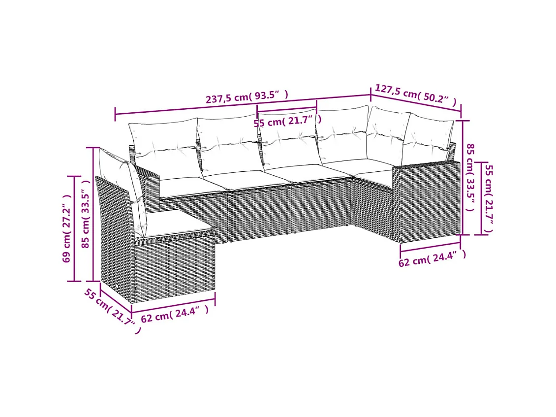 6-tlg. Garten-Sofagarnitur mit Kissen Schwarz Poly Rattan