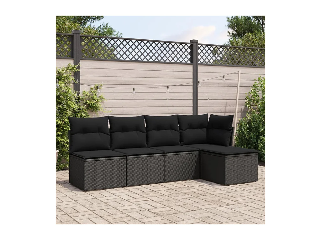 Salon de jardin 5 pcs avec coussins noir résine tressée