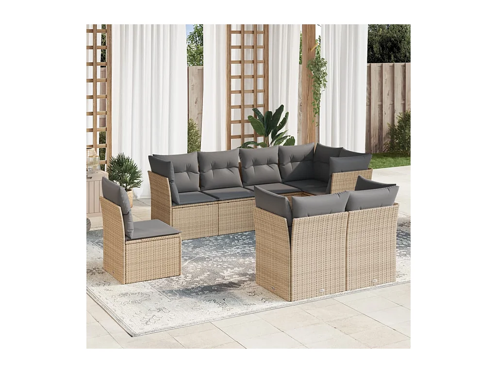 Set Divano da Giardino 8 pz con Cuscini Beige in Polyrattan